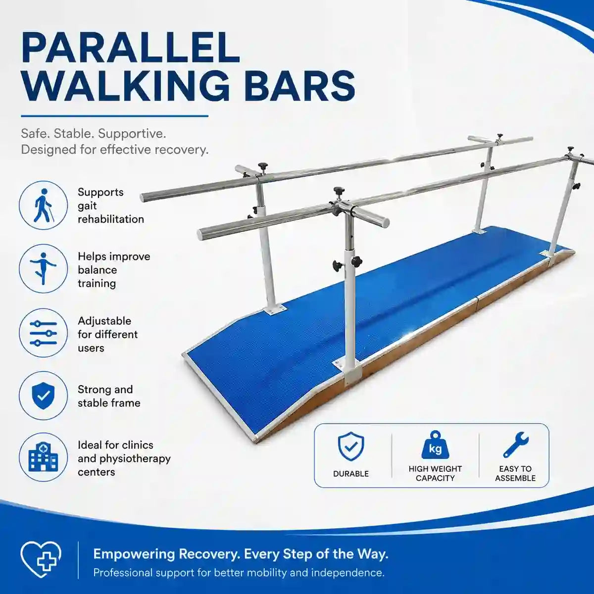 Parallel bar system hospital benefits – high weight capacity gait training post-surgical recovery
