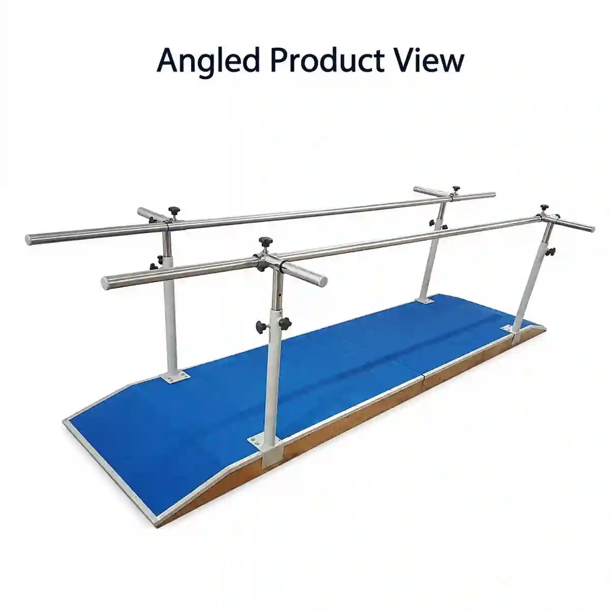 Parallel walking bars angled view showing height-adjustable rails and non-slip base