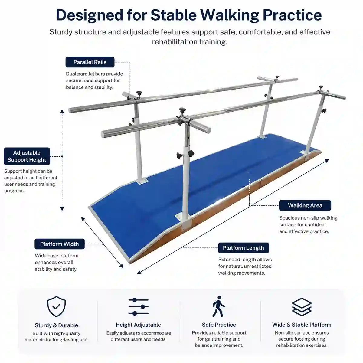 Parallel walking bars dimensions and adjustment guide – rail height width length specifications