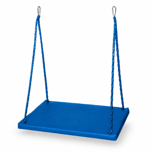 blue platform swing with adjustable suspension ropes and metal clips for sensory and occupational therapy activities