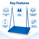 platform swing key features including 24 x 36 inch seat, up to 2 user capacity, durable vinyl platform, adjustable ropes and indoor or outdoor use