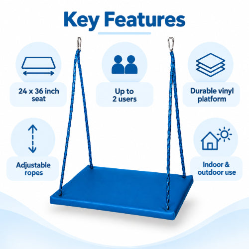platform swing key features including 24 x 36 inch seat, up to 2 user capacity, durable vinyl platform, adjustable ropes and indoor or outdoor use