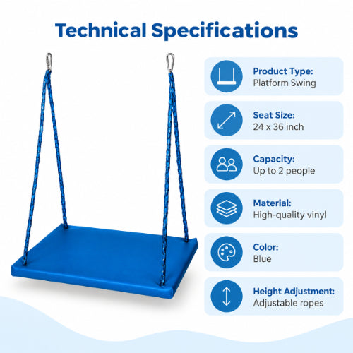 platform swing technical specifications with 24 x 36 inch seat, capacity up to 2 users, durable vinyl material and adjustable ropes