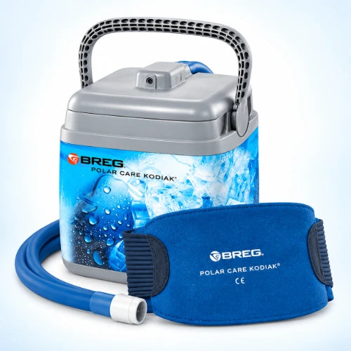 polar care kodiak ice machine with blue therapy pad and hose for cold therapy and compression support