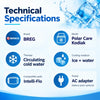 polar care kodiak ice machine technical specifications showing breg brand, polar care kodiak model, circulating cold water therapy, ice and water cooling medium, intelli-flo compatible pads and ac adapter power
