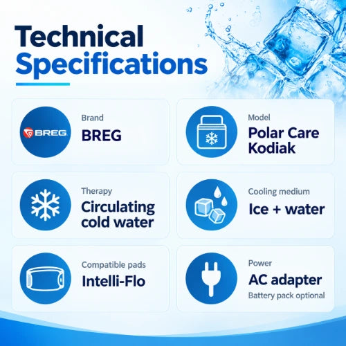 polar care kodiak ice machine technical specifications showing breg brand, polar care kodiak model, circulating cold water therapy, ice and water cooling medium, intelli-flo compatible pads and ac adapter power