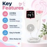 portable fetal doppler 2.0 mhz fetal heart rate monitor key features showing 2.0 mhz frequency, portable handheld design, fetal heart sound detection, easy handling and clinic-ready use
