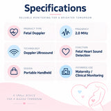 portable fetal doppler 2.0 mhz fetal heart rate monitor technical specifications showing fetal doppler type, 2.0 mhz frequency, doppler ultrasound technology, fetal heart sound detection and portable handheld design