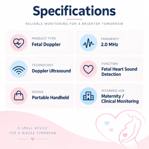 portable fetal doppler 2.0 mhz fetal heart rate monitor technical specifications showing fetal doppler type, 2.0 mhz frequency, doppler ultrasound technology, fetal heart sound detection and portable handheld design