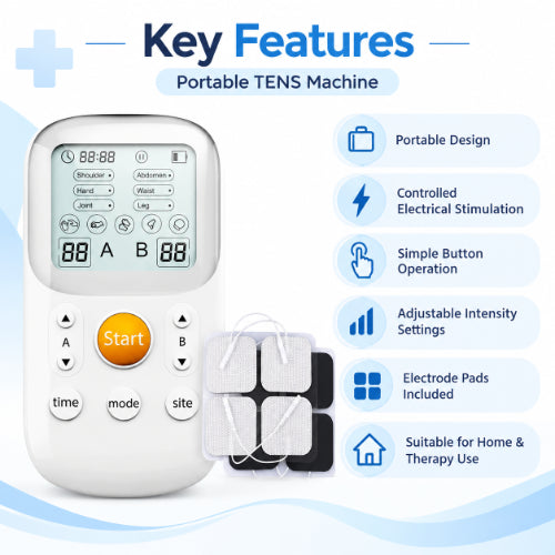 portable tens machine key features including adjustable intensity, simple button operation, electrode pads and compact design for home and therapy use