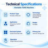 portable tens machine technical specifications with transcutaneous electrical nerve stimulation technology, electrode pads and simple manual controls