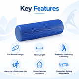 exercise foam roller key features including 45 cm length, full round design, stretching support, warm-up use and controlled rolling movements