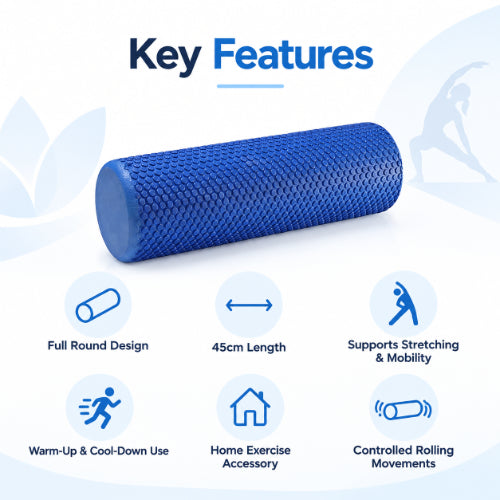 exercise foam roller key features including 45 cm length, full round design, stretching support, warm-up use and controlled rolling movements