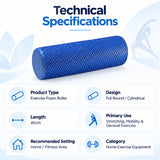 exercise foam roller technical specifications with full round cylindrical design, 45 cm length and use for stretching, mobility and general exercise