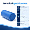 premium exercise foam roller technical specifications with full round cylindrical design, 90 cm length and use for stretching, mobility and general exercise
