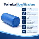 premium exercise foam roller technical specifications with full round cylindrical design, 90 cm length and use for stretching, mobility and general exercise