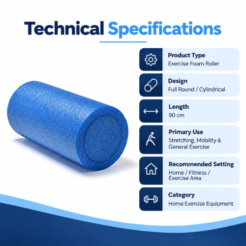 premium exercise foam roller technical specifications with full round cylindrical design, 90 cm length and use for stretching, mobility and general exercise