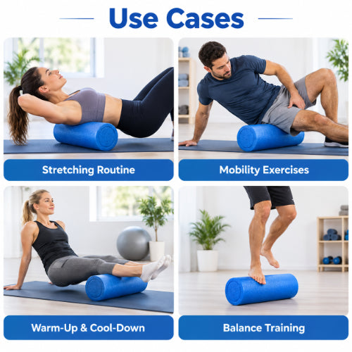 premium exercise foam roller use cases for stretching routines, mobility exercises, warm-up and cool-down, and balance training