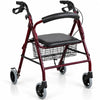 premium rollator with padded black seat, curved backrest, hand brakes, storage basket and four wheels for daily mobility support