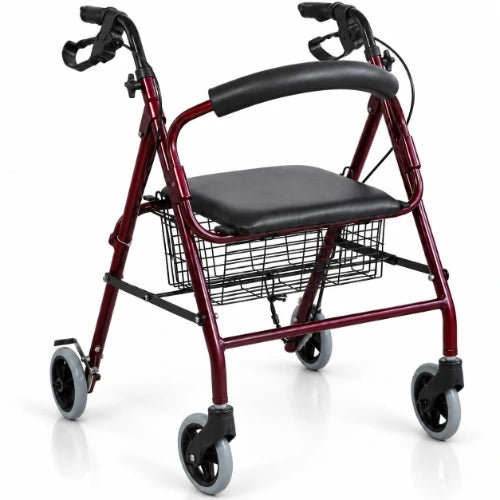 premium rollator with padded black seat, curved backrest, hand brakes, storage basket and four wheels for daily mobility support