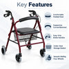 premium rollator key features including comfortable padded seat, supportive curved backrest, easy-grip brake handles, under-seat storage basket and smooth-rolling four wheels