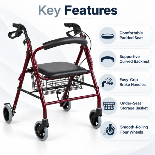premium rollator key features including comfortable padded seat, supportive curved backrest, easy-grip brake handles, under-seat storage basket and smooth-rolling four wheels