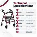premium rollator technical specifications showing four-wheel rollator design, durable metal frame, burgundy finish, padded seat, curved back support, hand brakes and under-seat wire basket
