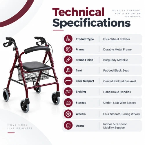 premium rollator technical specifications showing four-wheel rollator design, durable metal frame, burgundy finish, padded seat, curved back support, hand brakes and under-seat wire basket