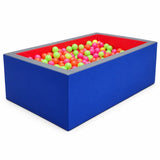 rectangular ball pool with colourful balls and padded blue sides for sensory play, therapy and activity sessions