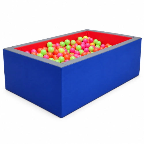 rectangular ball pool with colourful balls and padded blue sides for sensory play, therapy and activity sessions