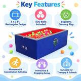 rectangular ball pool key features including 5 x 3 ft size, 500 balls, sensory play support, movement activities and therapy use
