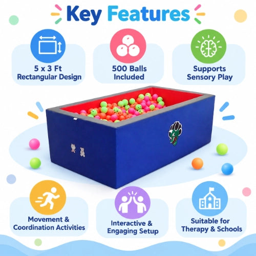 rectangular ball pool key features including 5 x 3 ft size, 500 balls, sensory play support, movement activities and therapy use