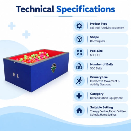 rectangular ball pool technical specifications with 5 x 3 ft size, 500 balls and suitability for therapy centres, schools and rehabilitation facilities
