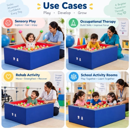 rectangular ball pool use cases for sensory play, occupational therapy, rehabilitation activities and school activity rooms