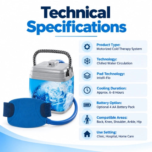 breg polar care kodiak technical specifications with chilled water circulation, intelli-flo pad, optional battery pack and use for knee, shoulder, ankle, hip and back