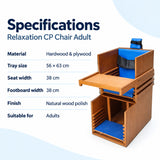 relaxation cp chair adult technical specifications with hardwood and plywood construction, 56 x 63 cm tray, 38 cm seat width and natural wood polish finish