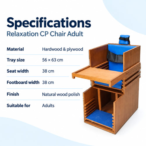 relaxation cp chair adult technical specifications with hardwood and plywood construction, 56 x 63 cm tray, 38 cm seat width and natural wood polish finish