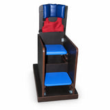 wooden relaxation cp chair for children with padded head support, blue seat, adjustable footboard and supportive seating design