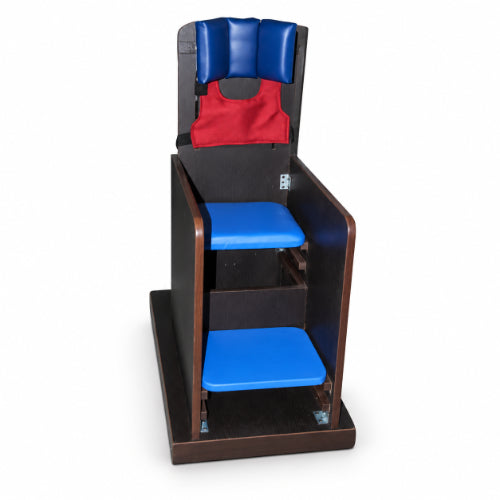 wooden relaxation cp chair for children with padded head support, blue seat, adjustable footboard and supportive seating design