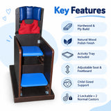 relaxation cp chair key features including hardwood and ply construction, activity tray, adjustable seat and footboard, child-sized support and lockable caster wheels