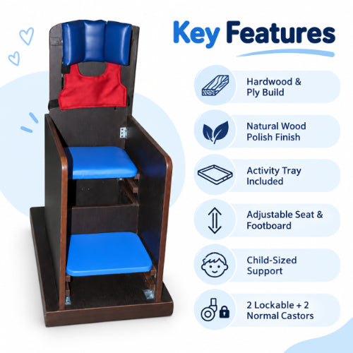 relaxation cp chair key features including hardwood and ply construction, activity tray, adjustable seat and footboard, child-sized support and lockable caster wheels