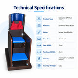 relaxation cp chair for children technical specifications with hardwood and ply board construction, adjustable seat and footboard, activity tray and caster wheels