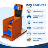 relaxation cp chair key features including adjustable incline, moldable padded headrest, high back support, securing belt and activity tray