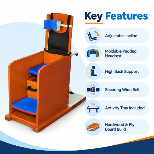 relaxation cp chair key features including adjustable incline, moldable padded headrest, high back support, securing belt and activity tray