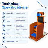 relaxation cp chair technical specifications with hardwood and ply board construction, adjustable incline, padded headrest, high back support and activity tray