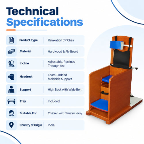relaxation cp chair technical specifications with hardwood and ply board construction, adjustable incline, padded headrest, high back support and activity tray