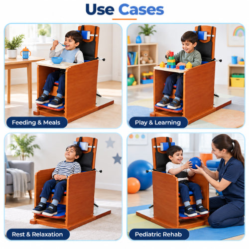 relaxation cp chair use cases for feeding, play and learning, rest and relaxation, and pediatric rehabilitation