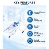 romsons urometer db-1068 key features including measured-volume chamber, 2 litre drainage bag, overflow facility, 150 cm pvc tube and sterile packaging