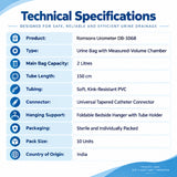 romsons urometer db-1068 technical specifications with 2 litre bag capacity, 150 cm kink-resistant pvc tubing, universal catheter connector and sterile individual packaging