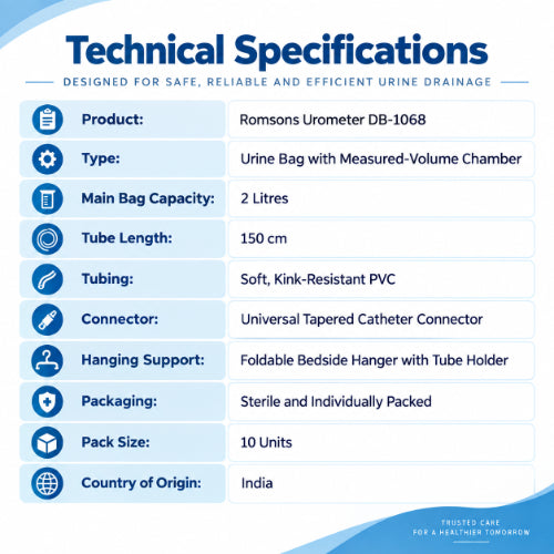 romsons urometer db-1068 technical specifications with 2 litre bag capacity, 150 cm kink-resistant pvc tubing, universal catheter connector and sterile individual packaging